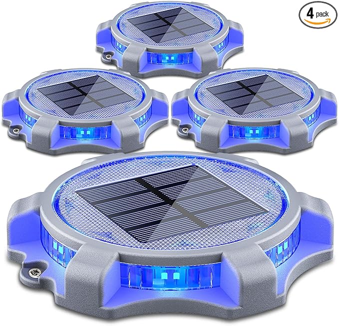SIEDiNLAR Solar Deck Lights Outdoor 2 Modes LED Driveway Markers Dock Light Solar Powered Waterproof for Step Walkway Ground Stair Pathway Yard Road Garden 4 Pack (Blue/Red)