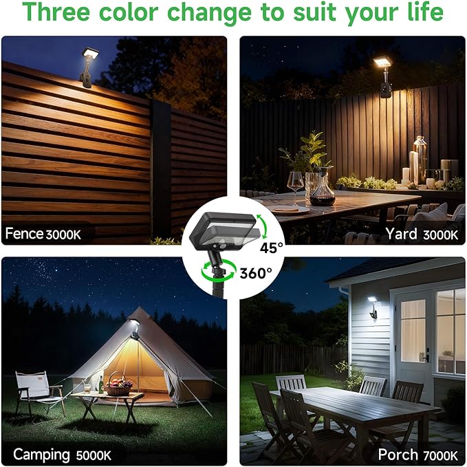 Clip-On Solar Motion Lights Outdoor with Remote, 600LM IP65 Waterproof, 1500mAH USB & Solar Powered for Fence, Camping, Porch - Black(1-Pack)