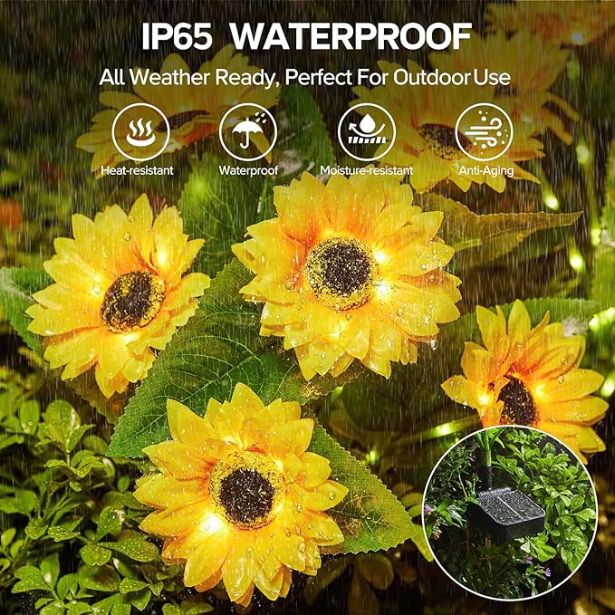 Solar Sunflower Lights Outdoor Waterproof - 3 Pack with 18 Bright Solar Sunflower Lights, IP65 Waterproof Light for Outdoor Flower Bed, Yard, Pathway, Patio Decor - for Mom, Women, Grandma