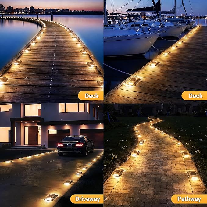 Solar Driveway Lights Outdoor 12 Pack, IP68 LED Solar Powered Waterproof Driveway Marker Deck Dock Lights for Dock Step Pathway Walkway Sidewalk Garden Yard Stair Marine (Warm)