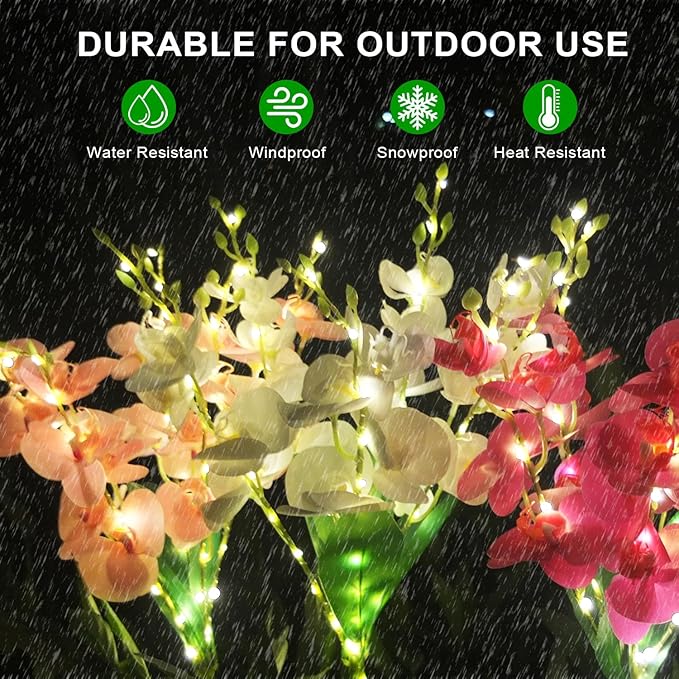 Solar Flower Lights, 2 Pack Solar Flowers with Pink & White Orchids, Solar Outdoor Lights, Waterproof Solar Garden Lights for Yard, Patio, Pathway, Lawn, Flowerbed, Grave, Cemetery Decor