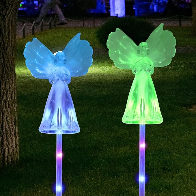 2 Pack Solar Angel Lights Outdoor, Solar Powered Color Changing Garden Stake Lights, Waterproof Memorial Decorative Lights for Cemetery Grave Yard Patio