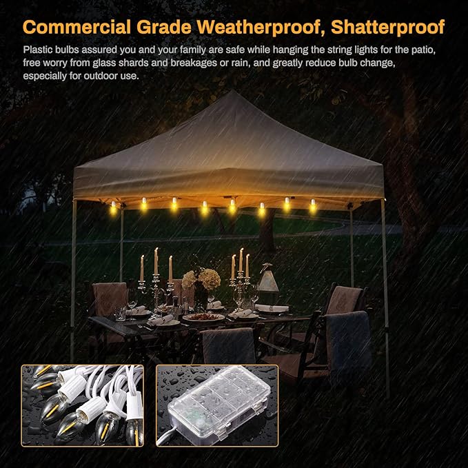 LED Canopy and Umbrellas Lights, 23 Ft LED Outdoor String Lights with Shatterproof Plastic 8LED C7 E-12 Light Bulbs, Waterproof, C Battery Powered, Super Bright to Display at Night Outdoors