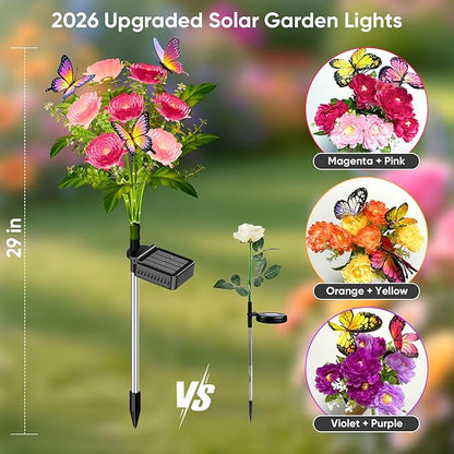 Solar Flowers Lights Outdoor Waterproof: 6 Pack LED Solar Lights Decorative for Outside Garden Decor with Butterfly Auto-On/Off for Yard Landscape Lighting, Gifts for Mom Gardening Enthusiasts
