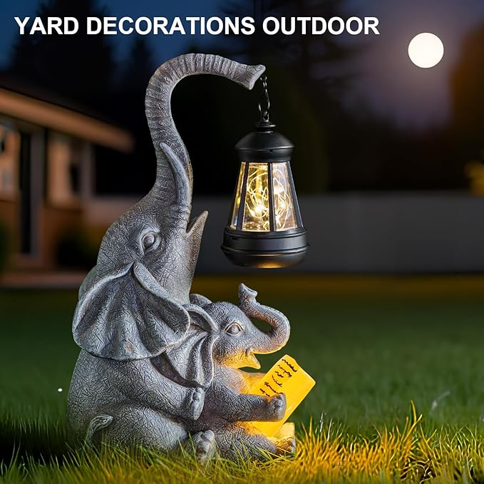 Solar Garden Statue Lights Loving Elephants Figurine with Solar Lantern, Outdoor Yard Decorations for Patio Porch | Lumora