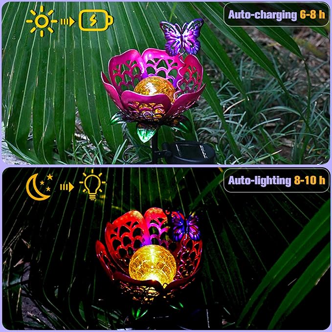 Outdoor Solar Flower Light, Crackle Glass Globe LED Lights, Metal Butterfly Decorations Lights, Hollow Petal Tulip Stake Light for Patio Yard Walkway Ground Lawn Ornaments Gifts (Purple)