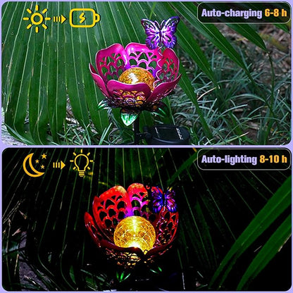 Outdoor Solar Flower Light, Crackle Glass Globe LED Lights, Metal Butterfly Decorations Lights, Hollow Petal Tulip Stake Light for Patio Yard Walkway Ground Lawn Ornaments Gifts (Purple)