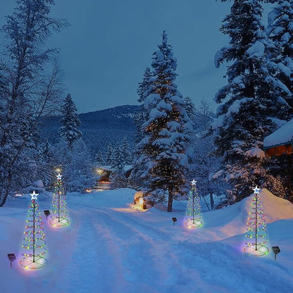 Outdoor Christmas Decorations, 2 Pack 29'' Spiral Solar Christmas Tree Lights, 8 Modes Solar Pathway Lights, Waterpoof Light up Prelit Xmas Tree for Garden Patio Yard Walkway Driveway（multicolor）