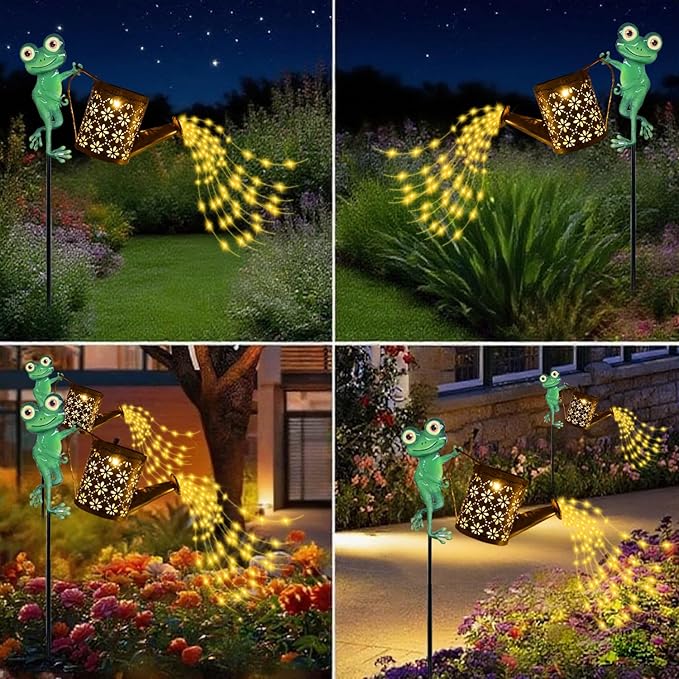Solar Watering Can with Cascading Lights Outdoor Garden Decor, Frog Shaped Hook Gardening Gifts for Mom Women | Lumora