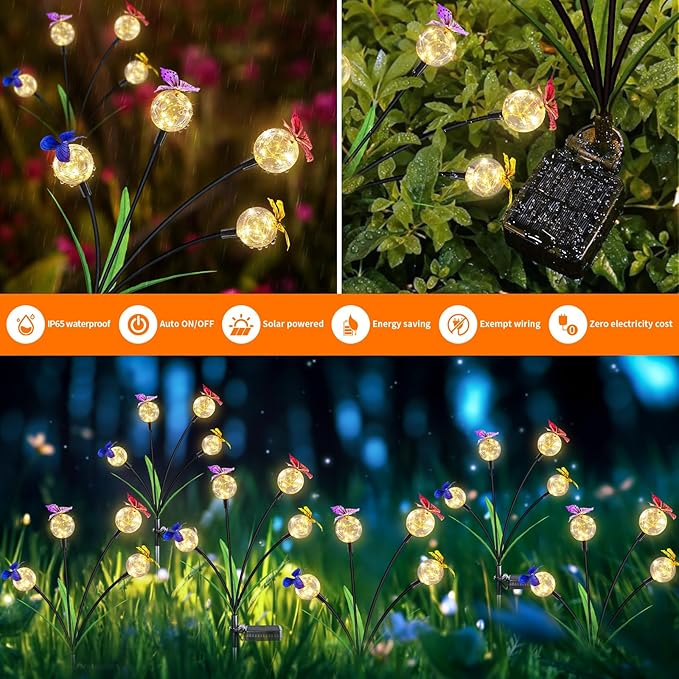 4-Pack Landscape Path Lights – Solar Butterfly Garden Lights, Outdoor Decorative Stakes with Globe Fairy Lights, Solar-Powered & Weatherproof for Yard, Flower Bed, Patio & Lawn Outdoor Decor
