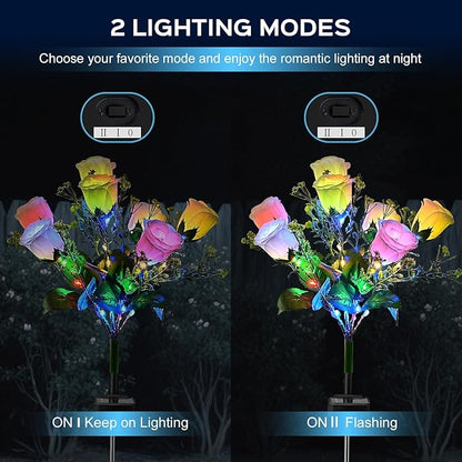 2 Pack Solar Garden Lights Outdoor, LED Colorful Waterproof Solar Powered Rose Flowers Landscape Lights for Outside Yard, Patio, Pathway Decorative, Décor, Gifts, Two Lighting Modes