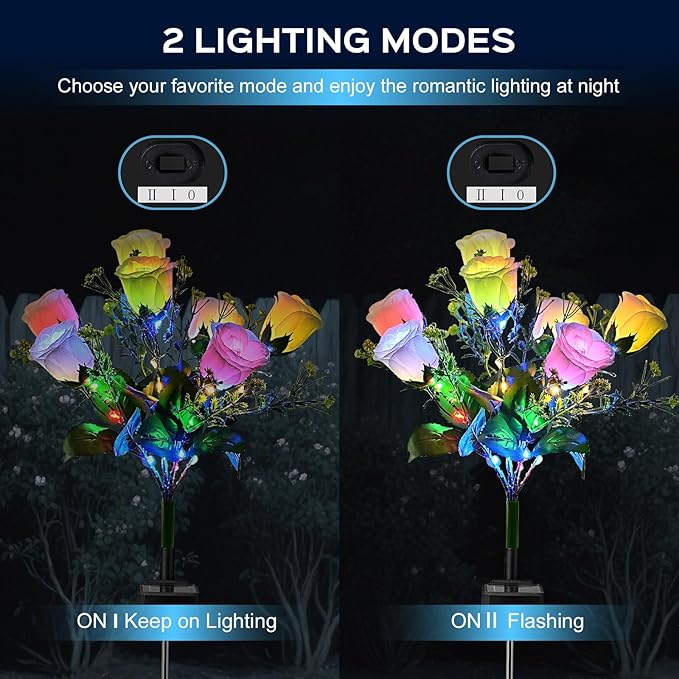 4 Pack Solar Garden Lights Outdoor, LED Colorful Waterproof Solar Powered Rose Flowers Landscape Lights for Outside Yard, Patio, Pathway Decorative, Décor, Gifts, Two Lighting Modes