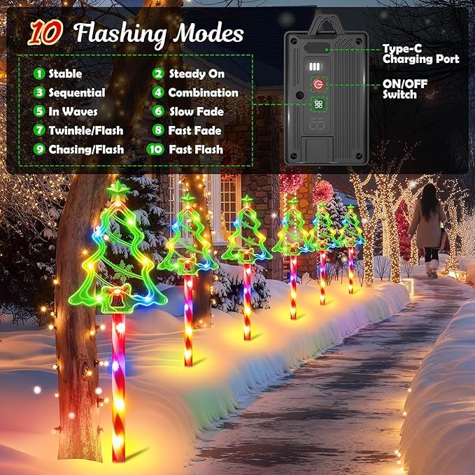 12 Pack Christmas Solar Pathway Lights Outdoor Decorations, 10 Modes Christmas Tree Candy Stake Lights with 156 | Lumora