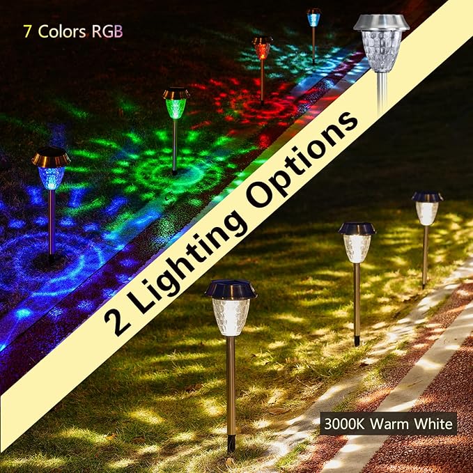 Solar Pathway Lights Outdoor 4 Pack, Glass & Metal Solar Lights with 10 Lumens Brightness, IP65 Waterproof, Warm White & RGB Modes, Decorative Solar Garden Lights for Yard, Walkway, Driveway