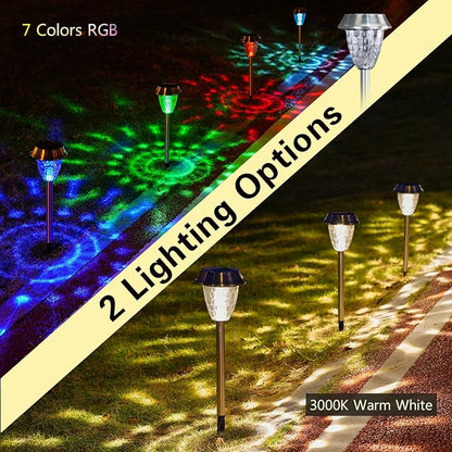 Solar Pathway Lights Outdoor 4 Pack, Glass & Metal Solar Lights with 10 Lumens Brightness, IP65 Waterproof, Warm White & RGB Modes, Decorative Solar Garden Lights for Yard, Walkway, Driveway
