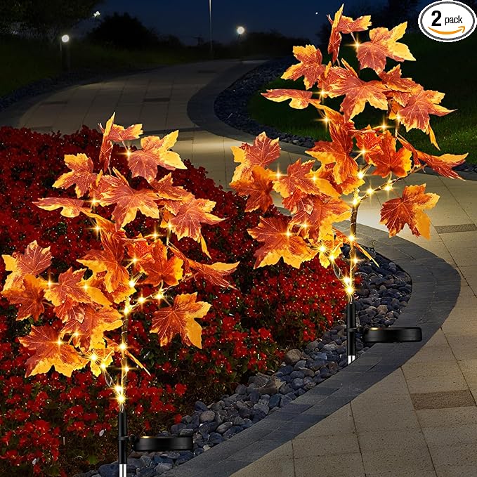 2 Pack Fall Solar Lights Outdoor Decorative, 35 LED Maple Leaf Solar Stake Lights Waterproof Fall Decor for Autumn Garden Yard Outside Pathway Halloween Thanksgiving Decorations