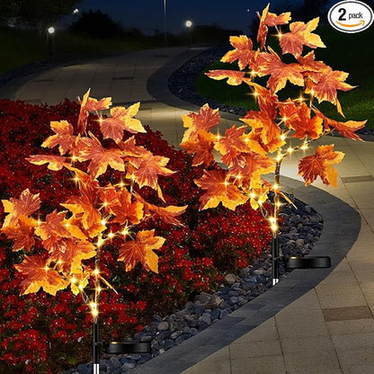 2 Pack Fall Solar Lights Outdoor Decorative, 35 LED Maple Leaf Solar Stake Lights Waterproof Fall Decor for Autumn Garden Yard Outside Pathway Halloween Thanksgiving Decorations