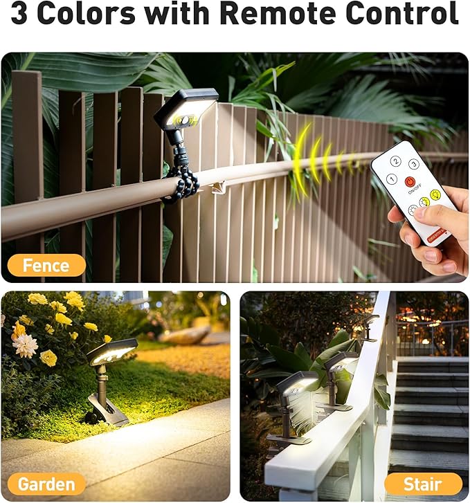 2 Pack Clip On Solar Lights Outdoor with Octopus Tripod, 3 Color Temps & Remote Control, Motion Sensor Fence Lights Solar Powered, IP65 Waterproof Security Light for Outside, Deck, Gutter, Camping