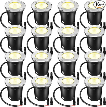 Yahenda 16 Pcs 3W LED Well Lights Low Voltage Outdoor Landscape In Ground Waterproof Outdoor 12V-24V Landscape Lighting Warm White for Floor Pathway Garden Driveway Patio Decors, 32 Connectors