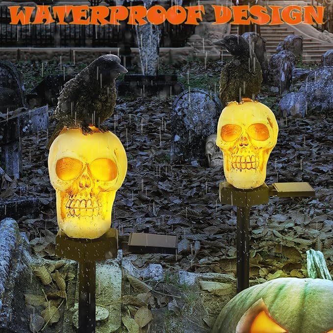 Retisee 2 Pcs Halloween Garden Decor Solar Skull Lights with Black Crow on Skull Waterproof Solar Skeleton Lights Outdoor LED Light up Skeletons Halloween Outdoor Decor for Garden Pathway Lawn Yard
