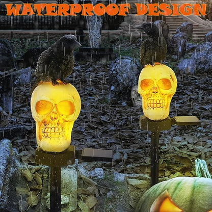 Retisee 2 Pcs Halloween Garden Decor Solar Skull Lights with Black Crow on Skull Waterproof Solar Skeleton Lights Outdoor LED Light up Skeletons Halloween Outdoor Decor for Garden Pathway Lawn Yard
