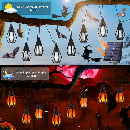 Solar String Lights for Outside, 21Ft Solar Gazebo Lights with 10 Flickering Flame Light Bulbs, Waterproof Red Solar Powered Outdoor Light for Garden Blackyard Patio porch Bistro Cafe Halloween Decor