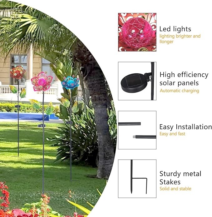 Adeco Flower Solar Lights Outdoor Garden Decor 37 inch Metal Garden Stake Lights with Crackle Globe Glass and Large Solar Panel Waterproof for Ground Patio Lawn Pathway Flowerbed