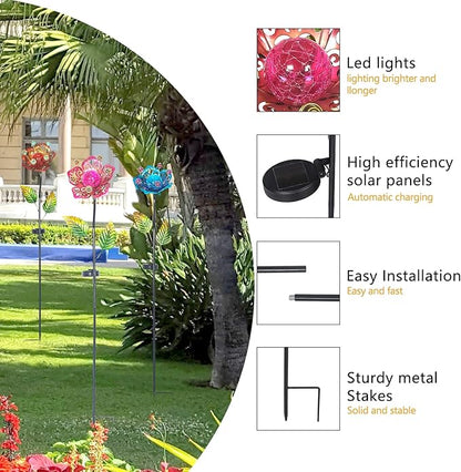 Adeco Flower Solar Lights Outdoor Garden Decor 37 inch Metal Garden Stake Lights with Crackle Globe Glass and Large Solar Panel Waterproof for Ground Patio Lawn Pathway Flowerbed