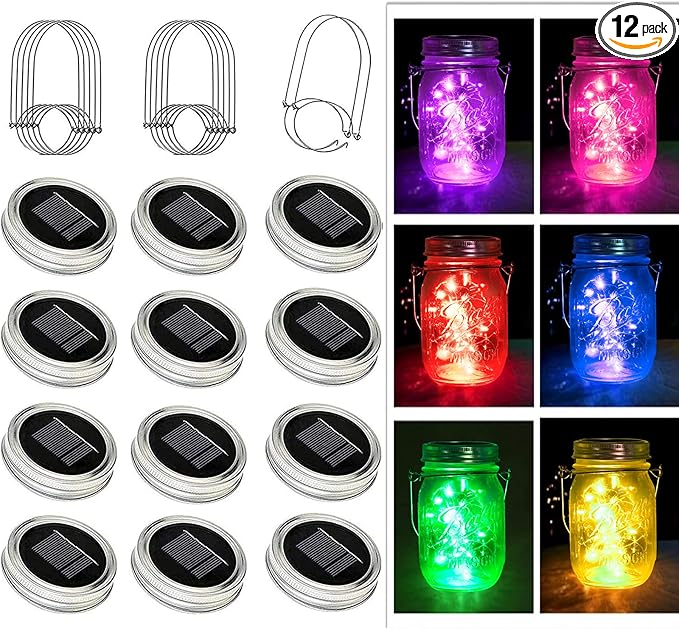 YJFWAL Solar Mason Jar Lights, 12 Pack 30 LED Fairy Firefly String Mason Jar Lids Lights with 12 Hangers (No Jars), DIY Mason Jar Patio Garden Wedding Party Birthday Decor