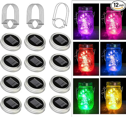YJFWAL Solar Mason Jar Lights, 12 Pack 30 LED Fairy Firefly String Mason Jar Lids Lights with 12 Hangers (No Jars), DIY Mason Jar Patio Garden Wedding Party Birthday Decor