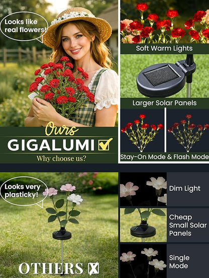 GIGALUMI Solar Lights Outdoor for Garden Decor, 4 Pack Solar Flower Lights Waterproof, 2 Lighting Modes 28 Carnation Flowers for Pathway,Yard, Patio Decoration, Gardening Gifts for Women (Red)