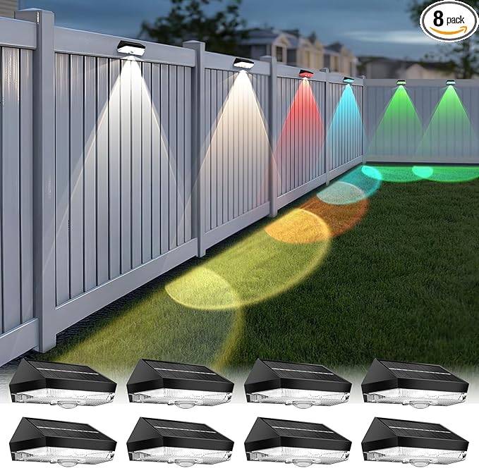 Solar Fence Lights Outdoor 8 Pack, 9 Fixed Colors & Auto Changing Waterproof Fence Lights Solar Powered, Solar Deck | Lumora