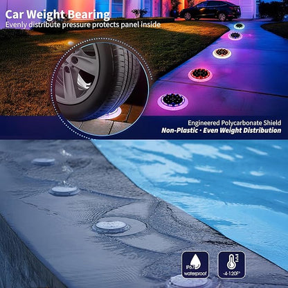 Solar Dock Lights, Color Changing 48 LEDs Super Bright Disc Driveway Light, Outdoor Waterproof Flat Low Profile, Anti-Trip&Anti-Slip for Marine, Ground, Pool, Pier, Deck (RGB-W, 8Pack)
