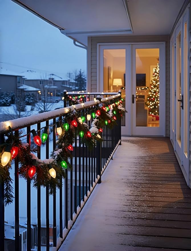 25FT Red Green White Christmas Lights,Multicolor LED C7 Christmas String Lights with 27 LED Bulbs,Dimmable Hanging Lights Candle for Outside Porch Garden Roofline Party Decor