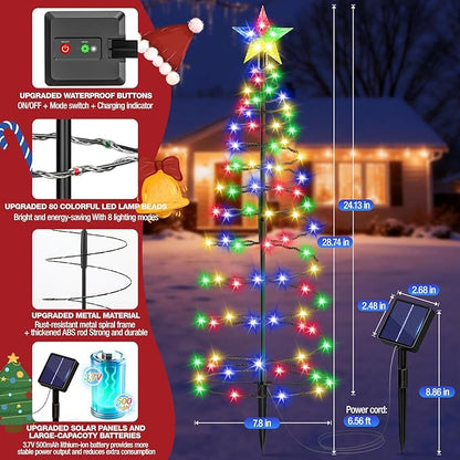 24" Spiral Solar Christmas Tree Outdoor Decorations 2 Pack - Upgrade 80 LEDs Multicolor Solar Christmas Lights with 8 Lighting Modes, Waterproof Pre-lit Xmas Tree for Pathway Garden Patio Yard