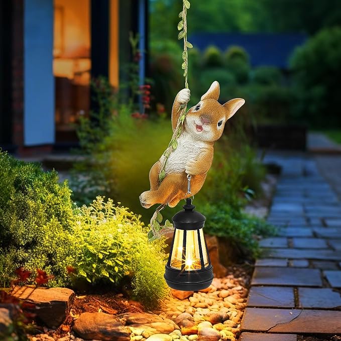 Solar Hanging Bunny Rabbit Statue, Easter Outdoor Resin Animal Figurine with LED Lights for Garden, Fence, Porch, Patio, Yard Decor, Dusk to Dawn Auto On/Off