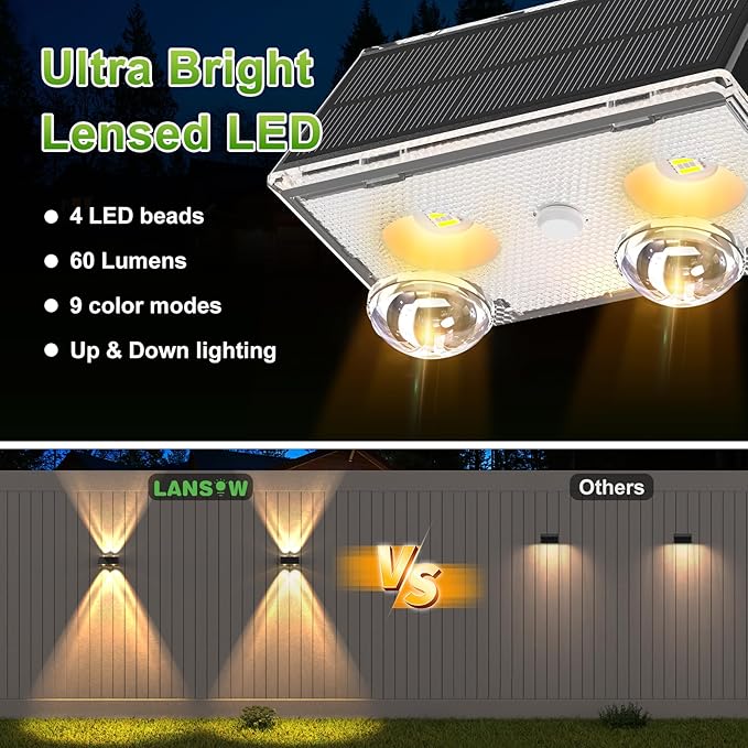 LANSOW Solar Fence Lights Outdoor, 12 Pack Solar Powered Lights Waterproof, 9 Modes Warm/Cool White RGB Up-Down Led Spot Wall Lights Dusk to Dawn Decor for Backyard, Deck, Patio, Pool, Railing(Black)