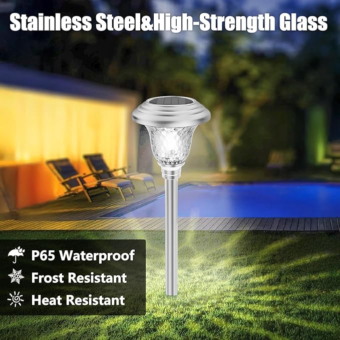 Beau Jardin 4 Pack Solar Pathway Lights White+ Color Changing Stainless Steel 3 Mode Outdoor Multicolor Metal Solar Powered Waterproof Glass for Garden Landscape Path Yard Walkway Driveway Silver