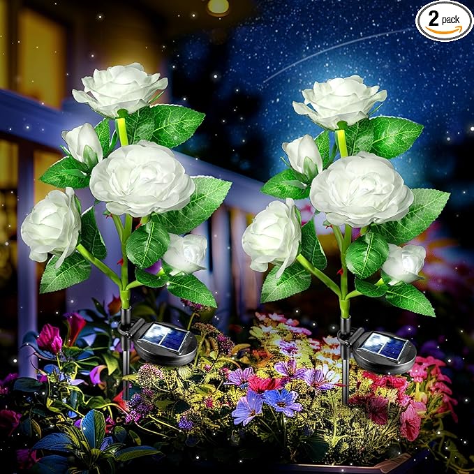 Anordsem Solar Garden Lights Outdoor: 10 Artificial Fabric White Roses Flowers 2 Pack- LED Flower Decorations for Cemetery Grave Pathway Yard- Birthday Gifts for Women, Wife and Mother