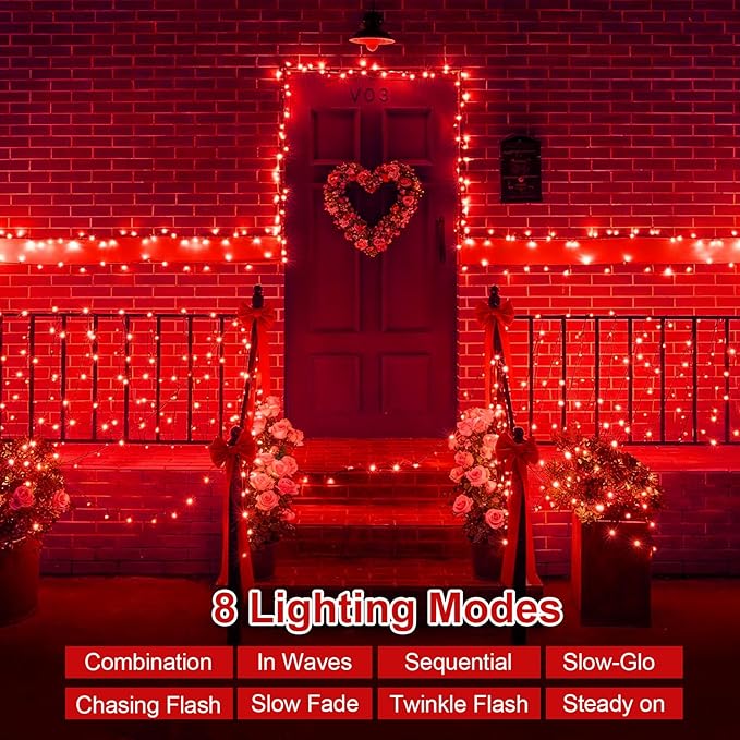 QITONG Red Valentine Solar String Lights, 2 Pack Each 66ft 200 LED Christmas Lights Outdoor Waterproof, 8 Modes | Lumora
