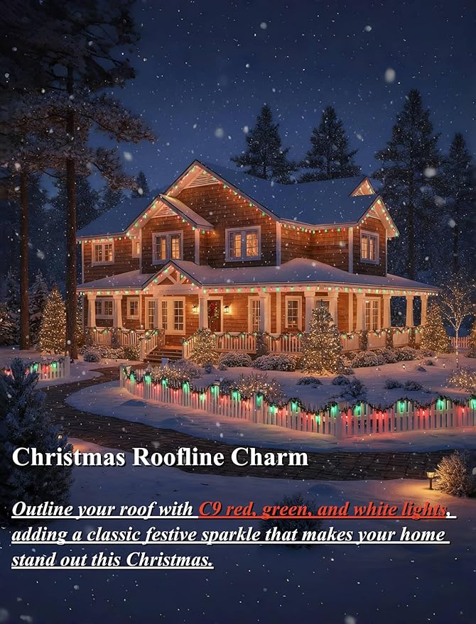 25Ft Red White and Green Christmas Lights,C9 Outdoor Christmas Lights with 26 Incandescent Bulbs(1 Spare),Extendable C9 String Lights Green Wire for Tree Xmas Roofline
