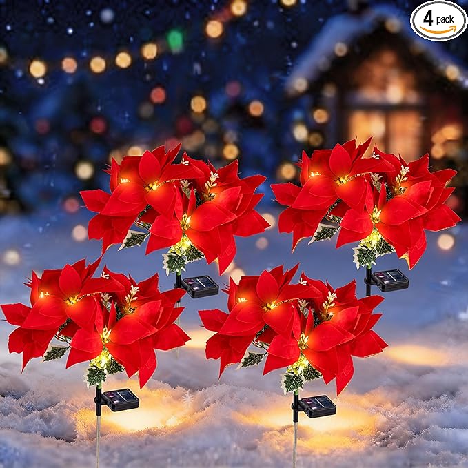 Solar Christmas Flower Lights-IP65 Waterproof XS Pathway Lights,Outdoor Christmas Decorations with 7 Bouquets/1 Stake,Unique Flower Design Complement the Christmas Trees for Garden/Yard/Patio,4 Packs