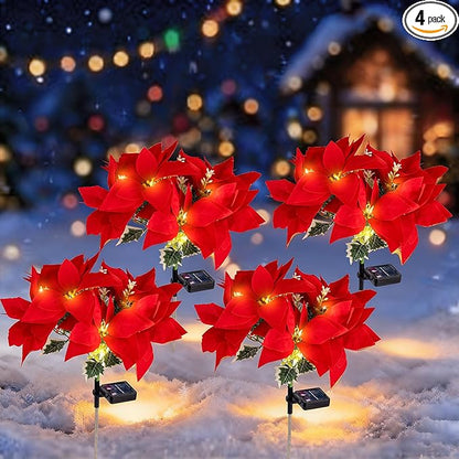 Solar Christmas Flower Lights-IP65 Waterproof XS Pathway Lights,Outdoor Christmas Decorations with 7 Bouquets/1 Stake,Unique Flower Design Complement the Christmas Trees for Garden/Yard/Patio,4 Packs