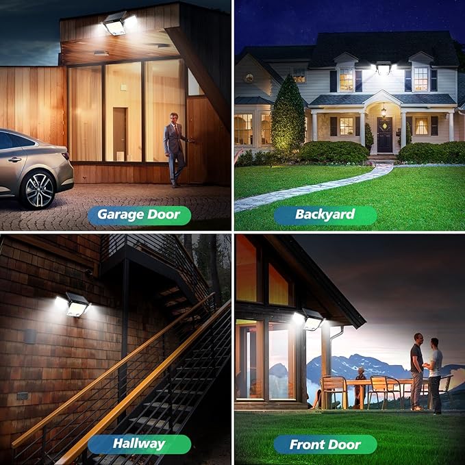 6500K Solar Outdoor Lights,3000LM 304 LED Motion Sensor Outdoor Lights, 3 Heads Security Light,IP67 Waterproof, 270°Flood Wall Light with 3 Modes for Backyard Yard,2 Pack