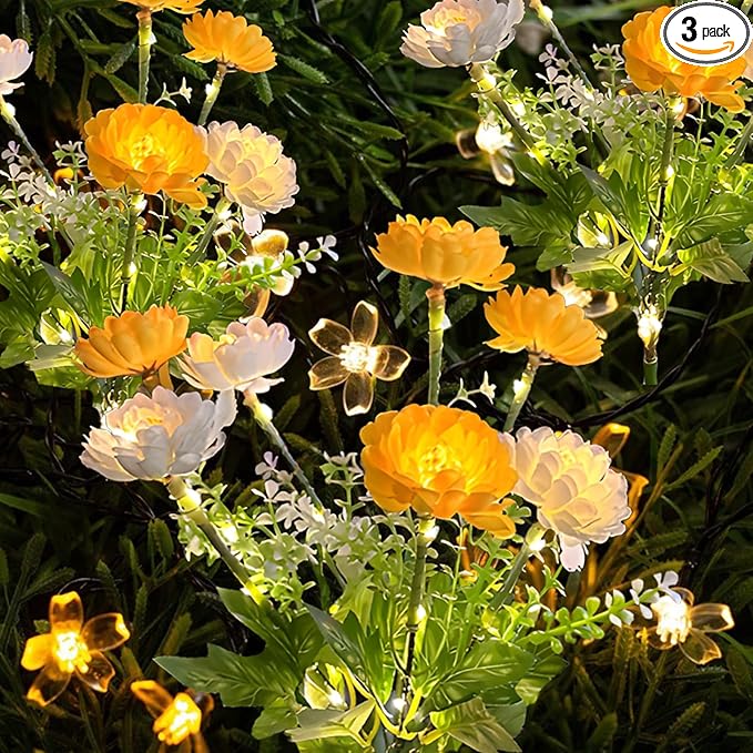 Solar Garden Snow Lotus Lights, 3-Pack 21 Flowers, Waterproof Auto On/Off Pathway Lights for Yard, Walkway, Patio & Cemetery Decor in Yellow