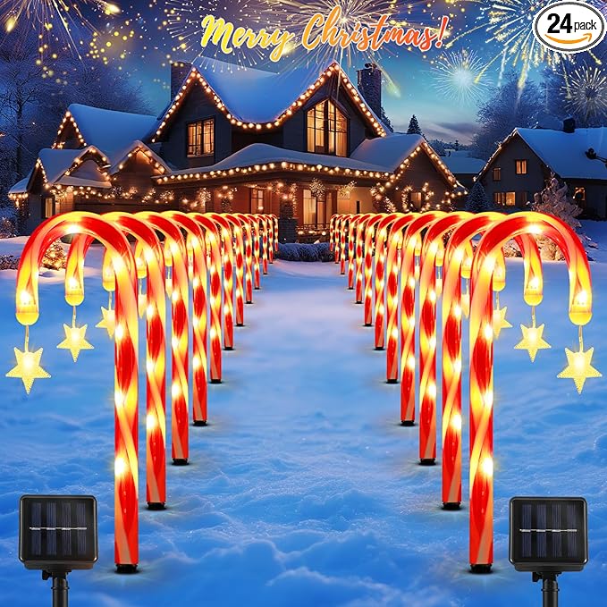 Lewondr 15" Solar Christmas Candy Cane Lights Outdoor, Pathway Stake Lights with 2 Modes, 216 LED Beads, Waterproof | Lumora