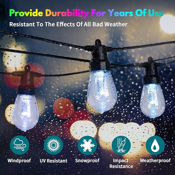 BBG Outdoor String Lights 50FT RGBW - Patio Lights Outdoor Waterproof, 24V Low Voltage, 20 Shatterproof Bulbs, Individual Bulb Color Control, APP & Remote, Linkable, Music Sync, Timer