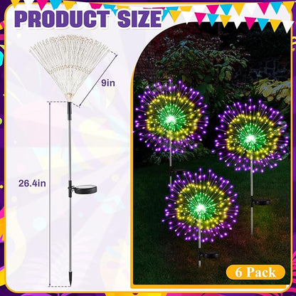 6 Pcs Mardi Gras Solar Firework Lights Solar Lights Outdoor Garden 120 LED 8 Modes Waterproof LED Sparkler Outdoor for Carnival Patio Yard Pathway Walkway (Carnival Color)