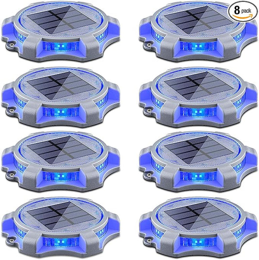 SIEDiNLAR Solar Deck Lights Outdoor 2 Modes LED Driveway Markers Dock Light Waterproof for Step Walkway Ground Stair Pathway Yard Road Garden 8 Pack (Blue/Red)