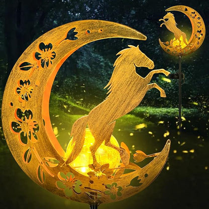Horse Solar Lights Moon Garden Decor, Horse Gift for Women, Garden-Cracked Glass Ball Solar Lights, Unique Gift Ideas for Gardening Mom Grandma, Outdoor Decorations Patio Yard Lawn Backyard Decor